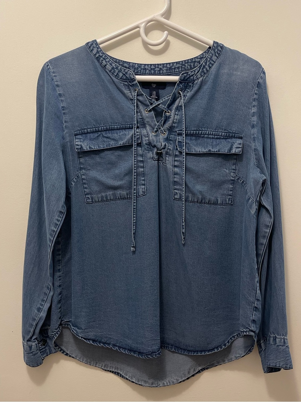 GAP Denim Lace-Up Long Sleeve Top - Blue